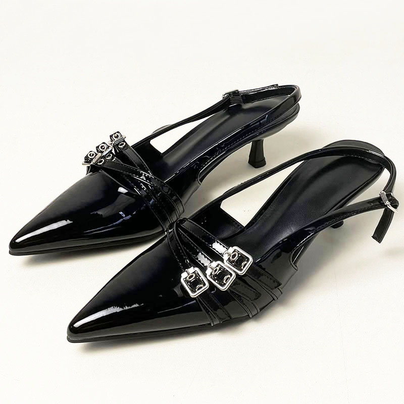 2025 new Fashion Black Shallow Designer Pumps Women Medium Female Pointed Toe Footwear Buckle Ladies Thin Heels Shoes Sandals 210d