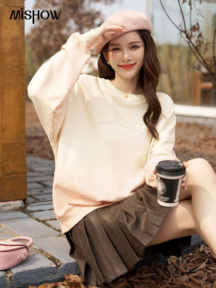 MISHOW 100% pure cotton ultrafine printed sports shirt for womens autumn Crewneck casual loose solid top MXC46V0019 240827