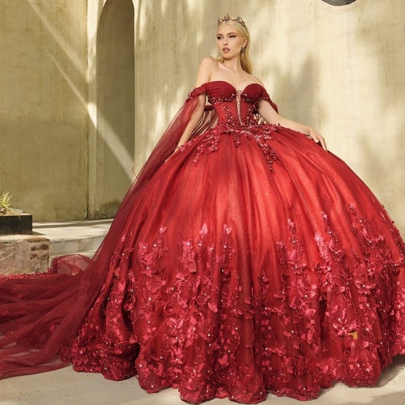Red Shiny Quinceanera Dresses With Cape Lace Applique Butterfly Beads Tull Sweet 16 Dress Mexican Party Birthday Vestidos 15 De XV Anos