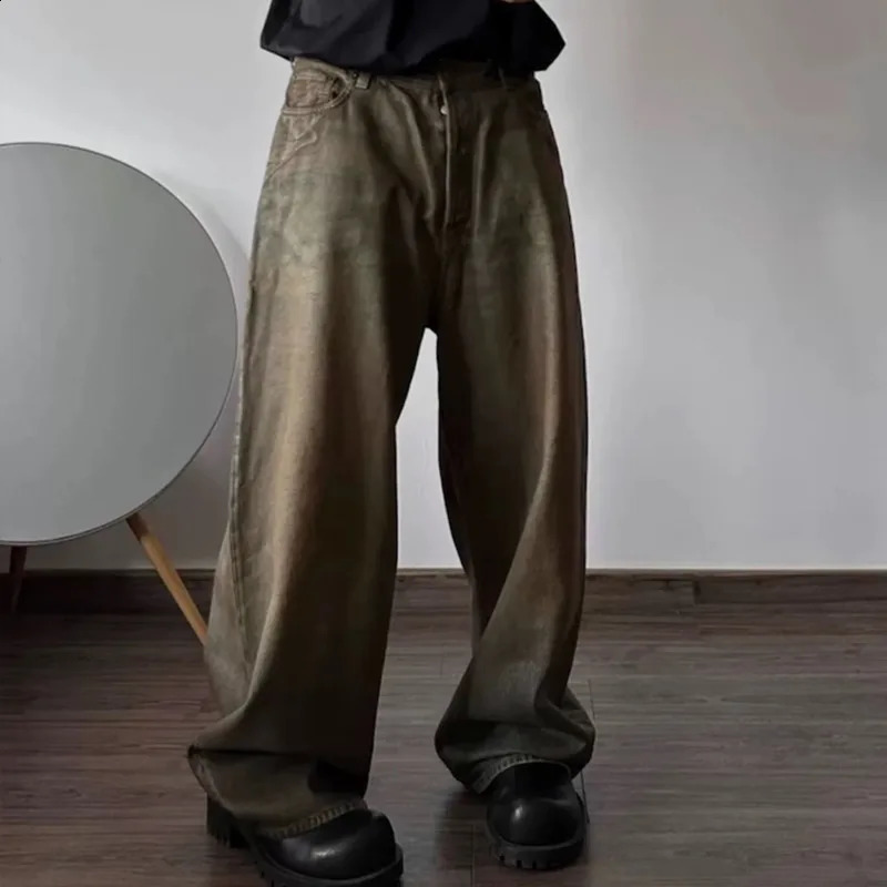 HKSH Spring Autumn Mens High Street Denim Pant Vintage Streetwear Jeans Wax Coated Silhouette Trend Trousers HK1443 240826Z