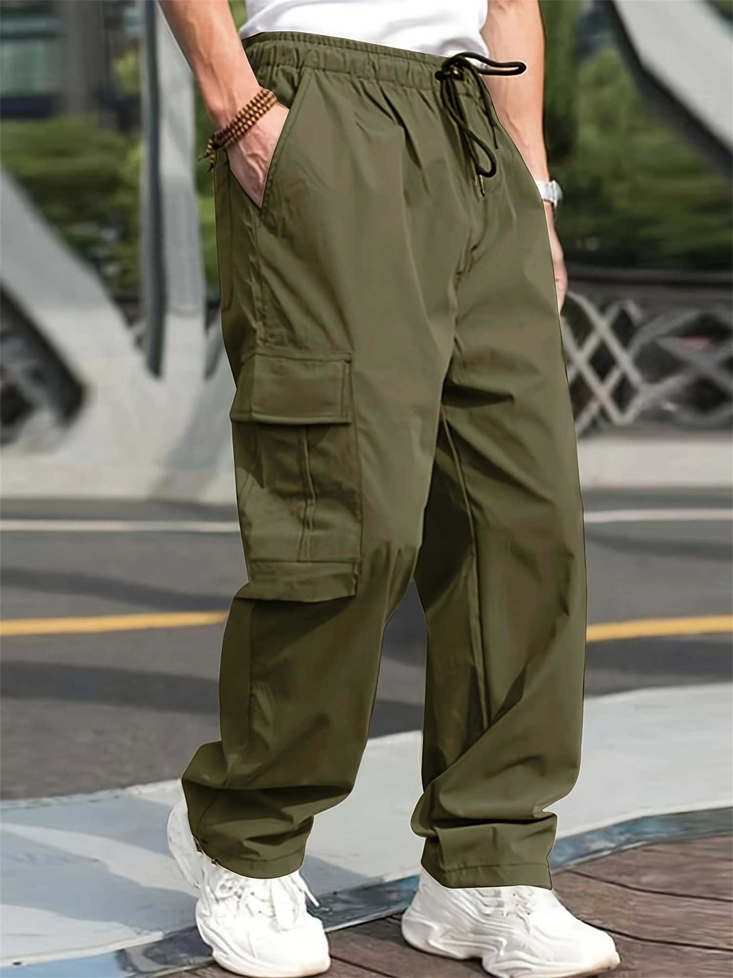 2024 Spring/Summer New Mens Casual Pants Solid Color Brushed Multi Pocket Sports Running Straight Work Pants W250318
