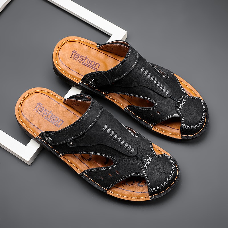 Men Shoes Flats Slip on Leather Sandals Men Fashion Non-slip Slippers Outdoor Sandy Beach Men Sandals Breathable High Quality