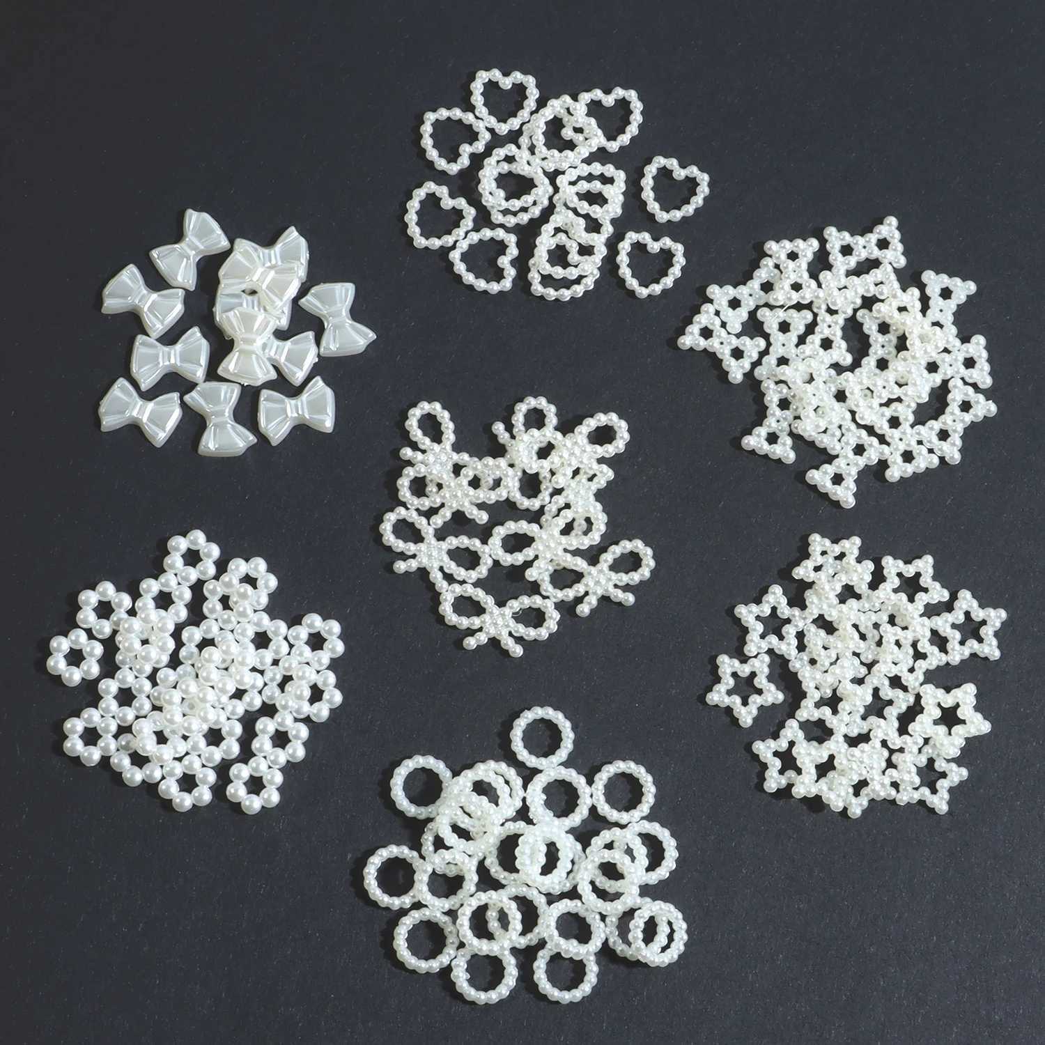 200 pieces/batch of hollow pearl nails art decoration heart flower star bow design pearl nail charm DIY 3D ergonomic accessories W240829