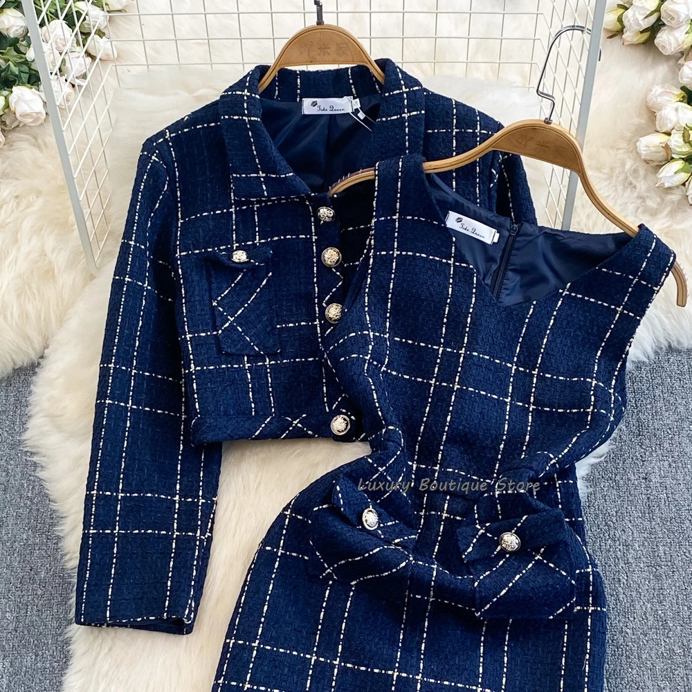 Metal Button Tweed Jacket And Tank Dress Of Short Coat Fashion Plaid Mini Dresses Autumn Winter Women Two Piece Set 240829