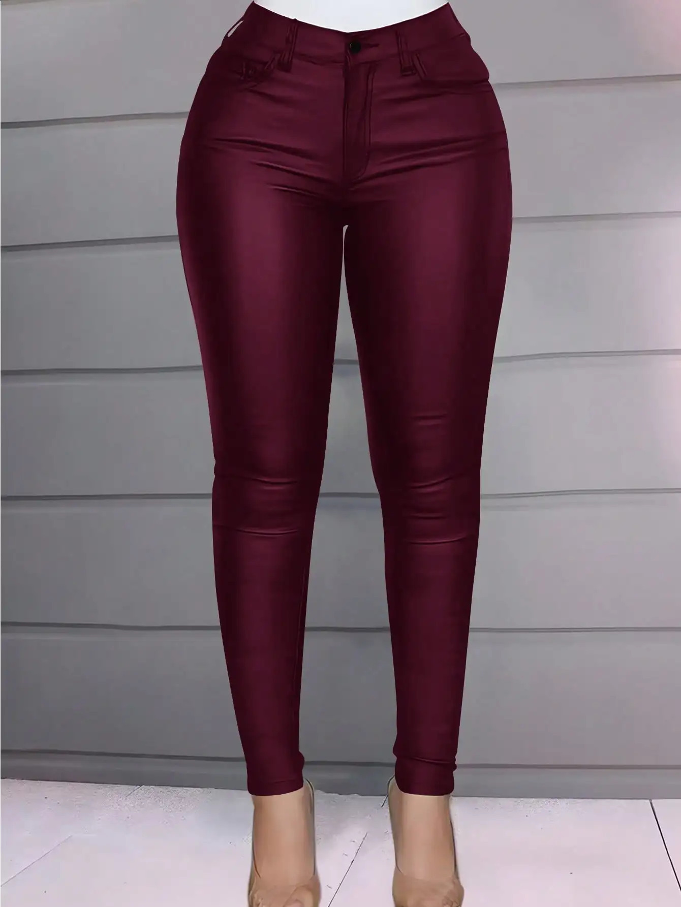 Women Trendy Rave High Waist Stretchy Thermal Lined Slant Pocket PU Leather Skinny Winter Cropped Pants Casual Trousers 240829
