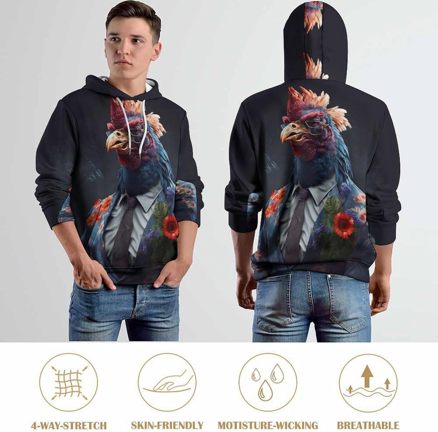 Hoodie for Mens Womens Rooster Sunglasses Urban Animal Funny Hoodies Novelty Chicken Long Sleeve Pullover Sweatshirt Graphic Hoodies sweatshirt Pullov