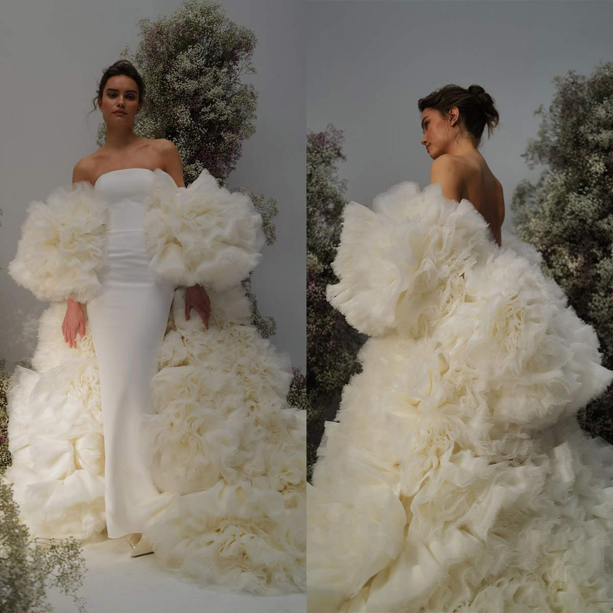 Elegant Mermaid Wedding Dresses Strapless Ruffle Train Satin Tulle Designer Bridal Gown Custom Made