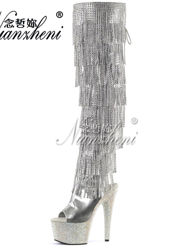Gothic Exotic Heels 17cm Platform Boots Fringe Party Sexy Fetish Shoes Women Gothic Strip Pole Dance Models Nightclub Rhinestone