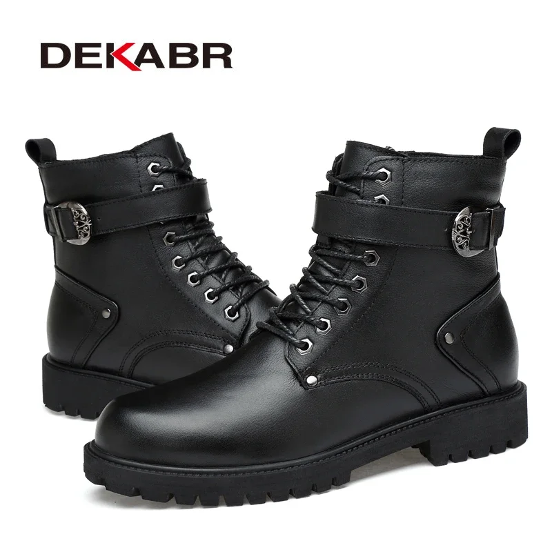 DEKABR Genuine Leather Lace-up Ankle High Quality Winter Motorcycle Safety Work Shoes Punk Style Men Boots 7b4d