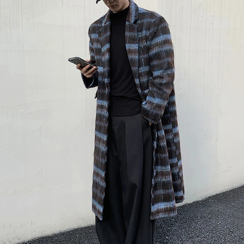 IEFB contrasting color mens coat Korean fashion lapel flat bottomed casual mens long wool coat trend winter chic 9C3923 240829