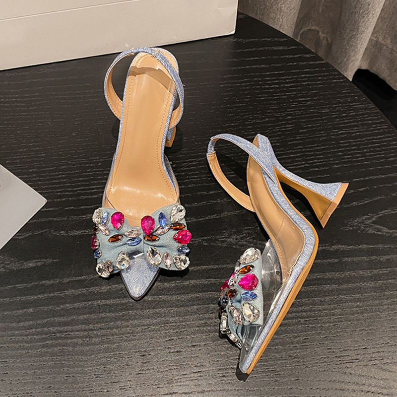 Fashion Liyke Design Gem Bowknot Women Pumps Sexy Pointed Toe Blue Denim New Strange High Heels Shoes Ladies PVC Transparent Sandal 3602