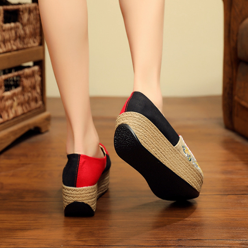 Shoes face Embroidered Women Canvas 5cm Flat Platform Vintage Handmade en Cotton Slip-on Sneakers Ladies Thick Bottom e06b