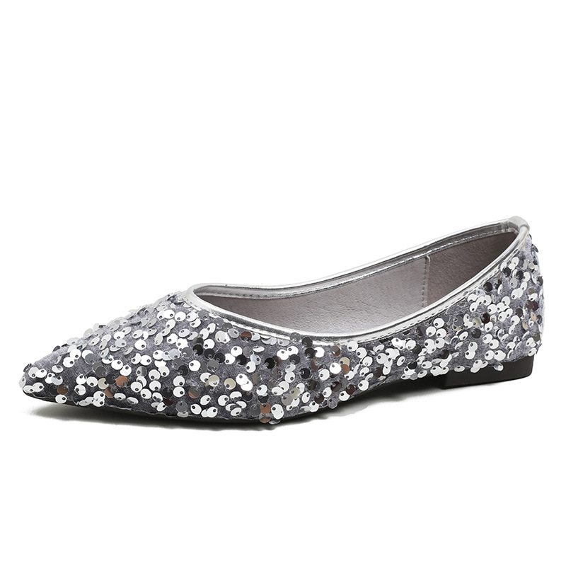 Glitter Elegant Ladies sier a190f pointed toe shiny wedding shoes woman EU36-42 big size bg ballet flats women loafers