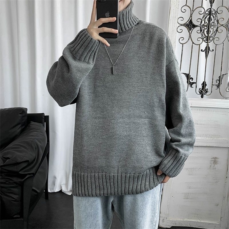 Winter Korean Solid High Neck Sweater Mens Patch Work Thread Student Fashion Loose Edition Warm Long Sleeve Knitted Top 240829
