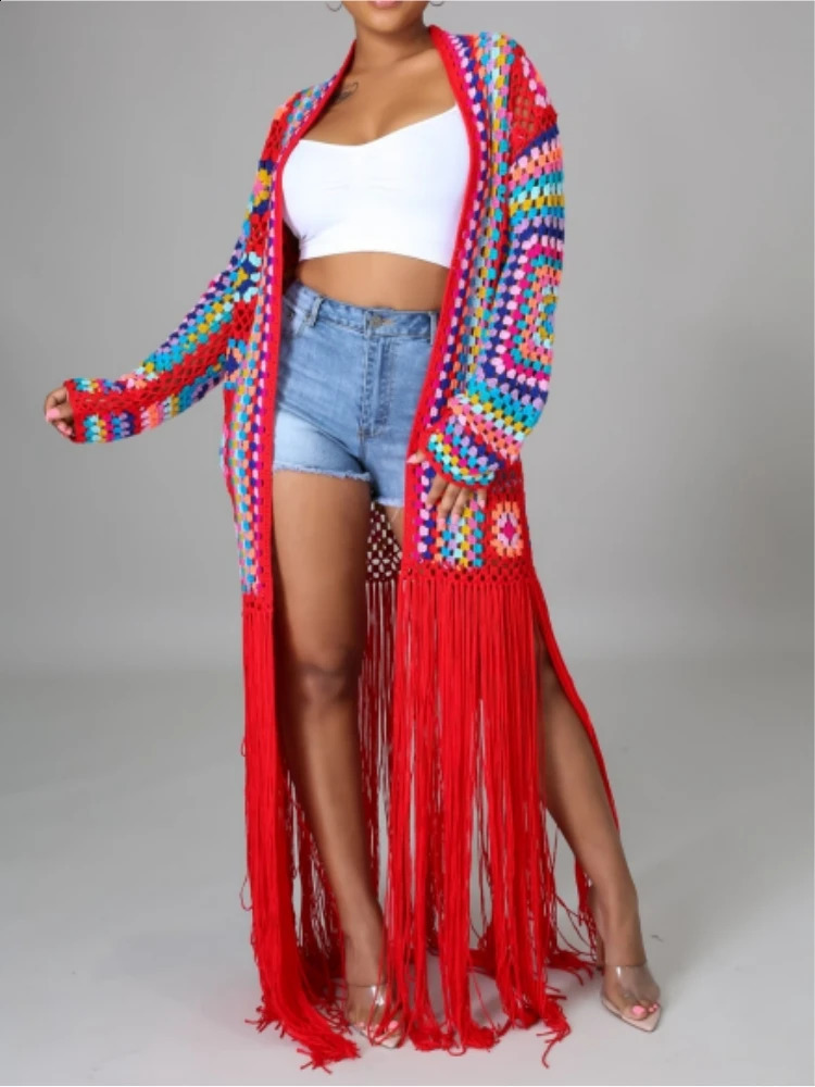 Womens Cardigan Handmade Crochet Beach Cover Up Coat Loose And Irregular Tassel Shirt Tie Mixed Color Pure Hand Hook Jackets 2924