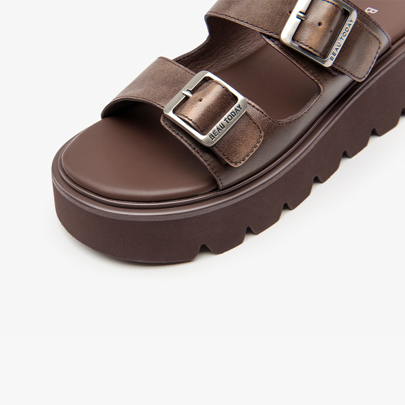 Platform BEAUTODAY Sandals Women Polished Cow Leather Solid Color Thick Sole Metal Strap Summer Ladies Shoes Handmade 38526 9351