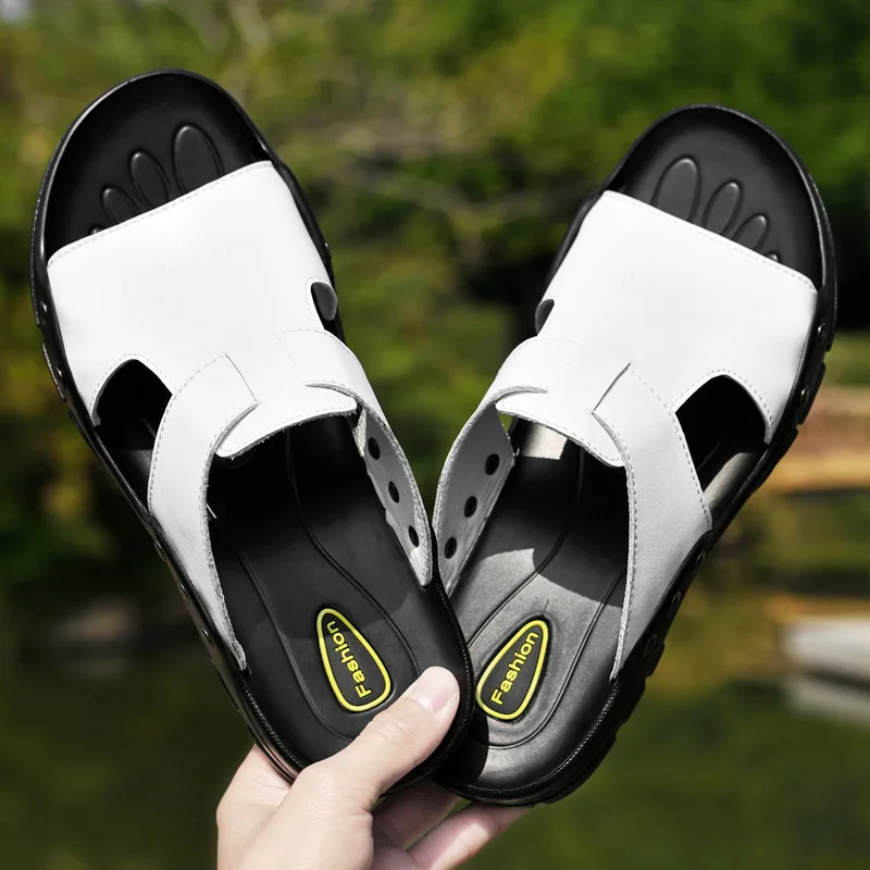 Men Slippers Leather Slides Summer Casual Shoes Plus Big Size 49 50 51 52 Black Slipper And Sandals Slip On Shoes
