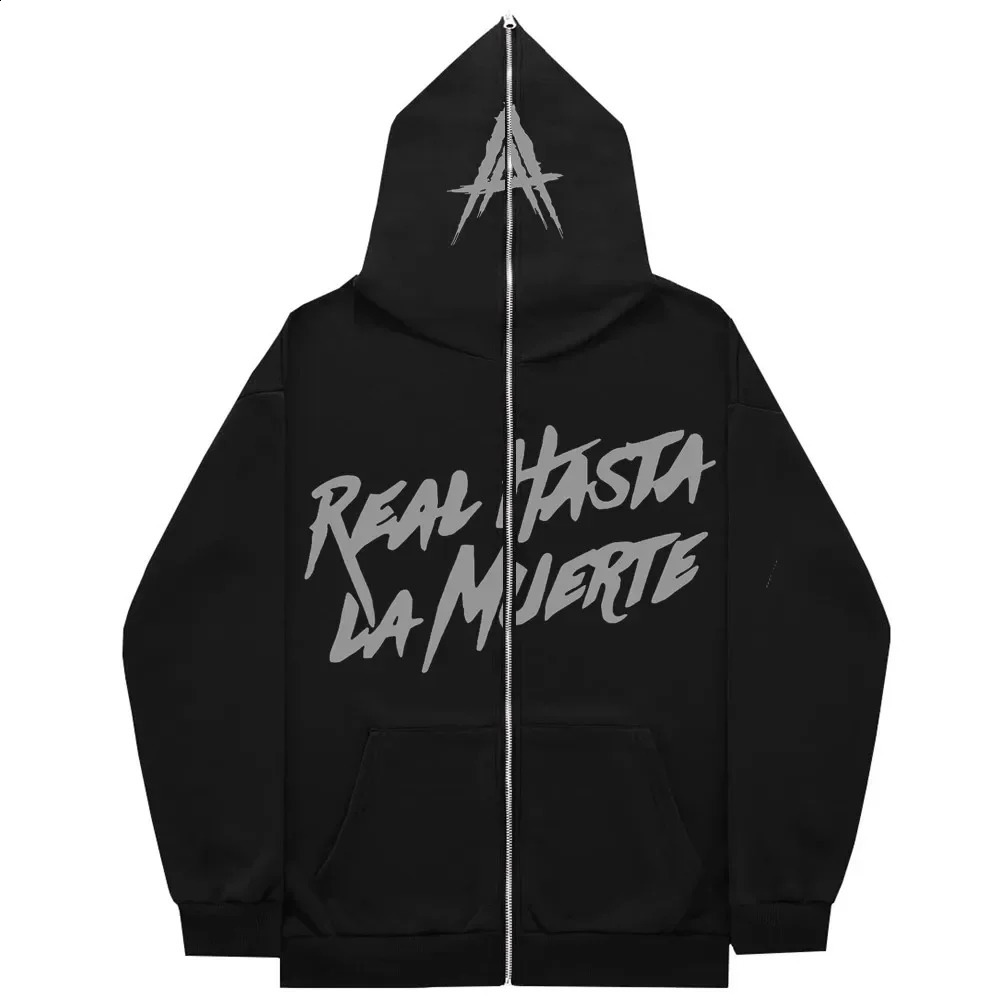 AA Real Hasta La Muerte full face zipper mens hooded sweatshirt unisex interior wool womens streetwear top 240829