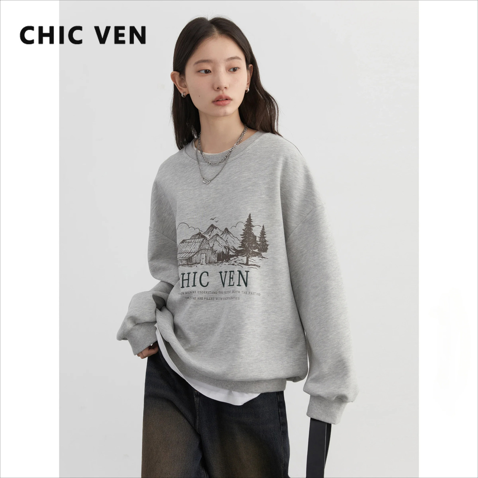 CHIC VEN Womens Sportswear Loose Casual Retro Round Neck Letter Embroidered Large Shoulders Top SpringSummer 240827