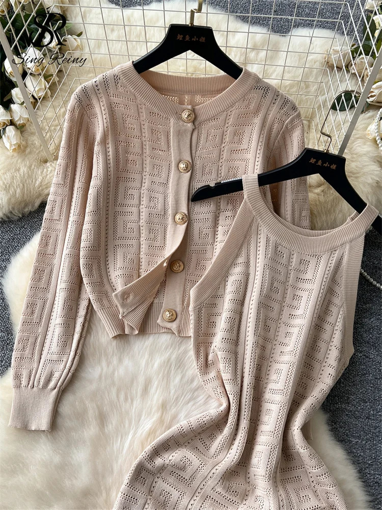 SINGREINY Autumn Winter Wear 2PC Suits Full Sleeve Knitted CardiganSenior Spaghetti Strap Bodycon Dress Women Sweater Sets 240829