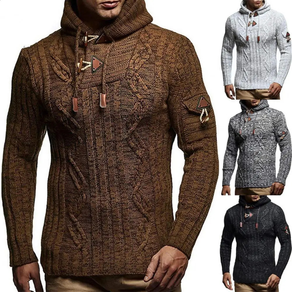 Mens hooded pullover sweater long sleeved acrylic fiber comfortable elastic sweater autumn slim fit knitted mens top 240829