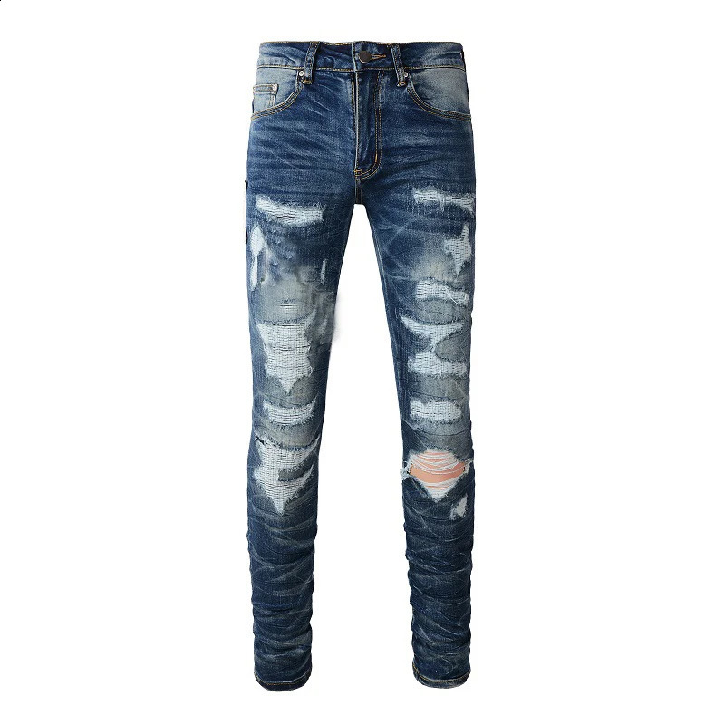 Mens high street blue jeans embroidered with letters tight elastic jeans 240829