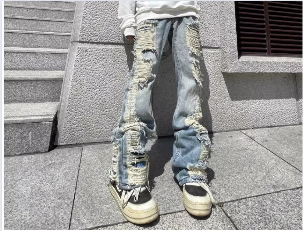 Harajuku Ripped Frayed Hole Blue Washed Jeans Pants for Men and Women Pockets Streetwear Casual Baggy Denim Trousers 240826Z