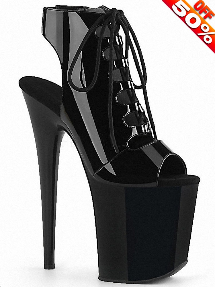 Black Patent Leather Ankle Strap Summer Andals Low Tube Women Boots 20CM High Heeled Shoes Paint Pole Dancing Stripper 8inch