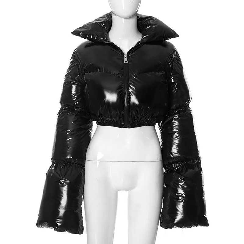 Women's Down Parkas Fashion Women Shinny PU Leather Short Puffer Jacket Thick Bubble Coats Outerwear Glossy Leather Parka Down Zipper Cropped Jac