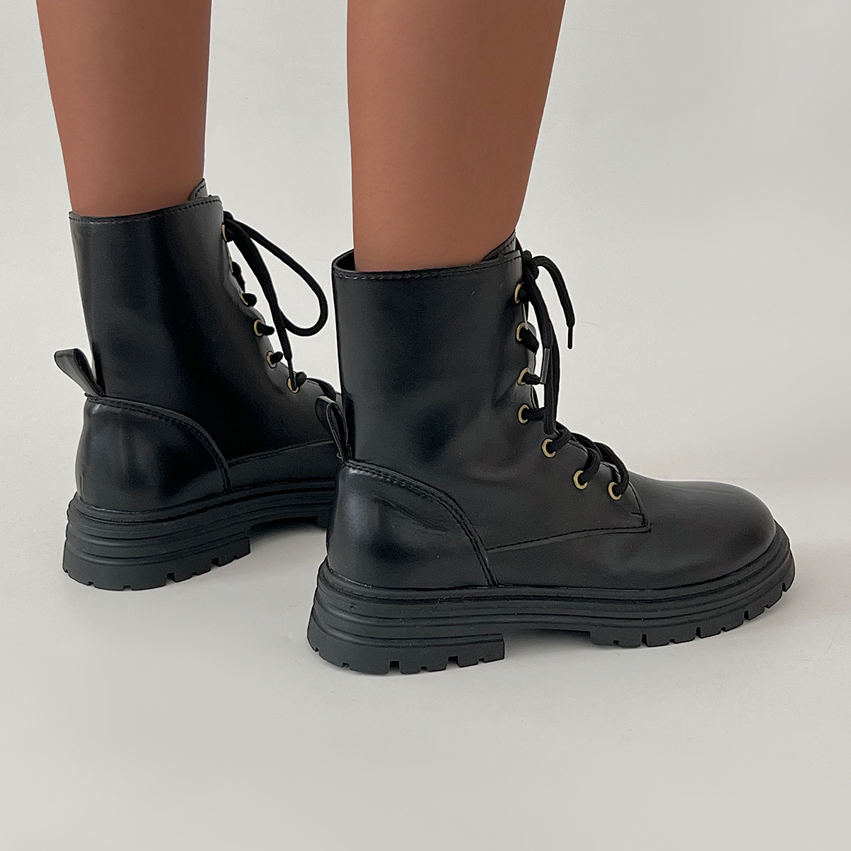 Rimocy Black Pu Leather Ankle Boots for Women Low Heels Lace Up Fashion Booties Woman Non Slip Platform Combat Botas Mujer 2024