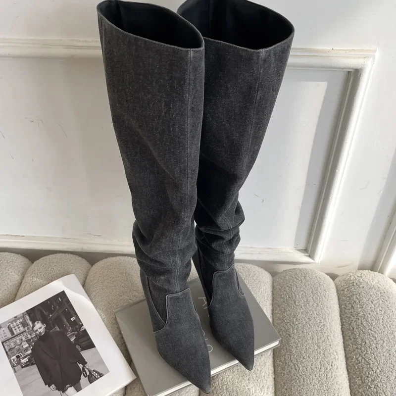 High Heel Women Long Boots Retro Pointed Toe Denim Western Knight Boots Ladies Zip Shoes Fashion High Heel Knee-high Boots 2024