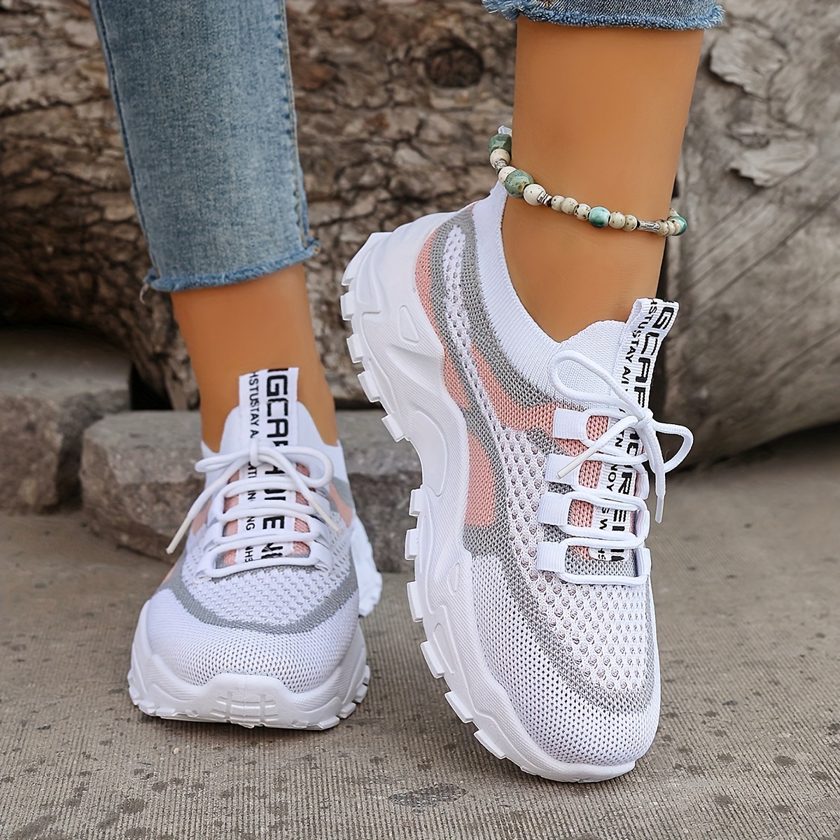 Womens Breathable Low Top Colorblock Knitted Sneakers - Soft Fabric Upper, Superfine Fiber Insole, PVC Sole, Lace Up Closure, Comfy for Outdoor Sports