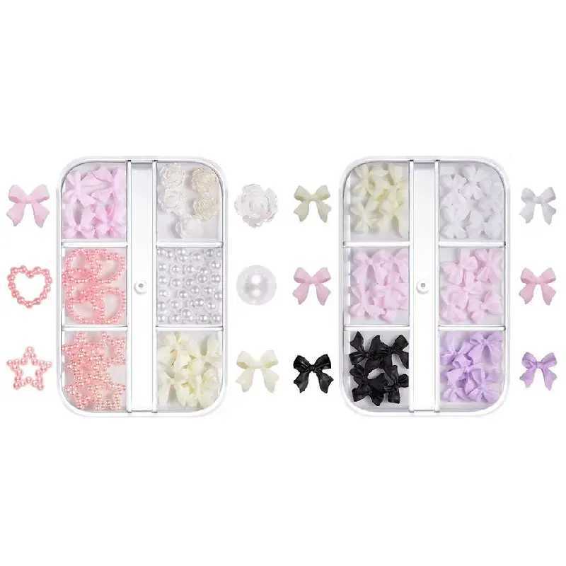 1 box of Kawaii resin bow 3D cute nail art decoration mixed with pink and white pearl heart nail charm design DIY bow nail W240829