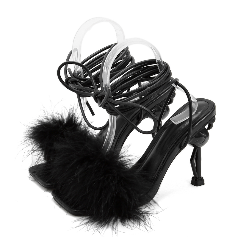 Fashion Fluffy Feather Strange High Heels Sexy Ankle Strap Sandals Women Square Toe Party Dress Shoes Pumps