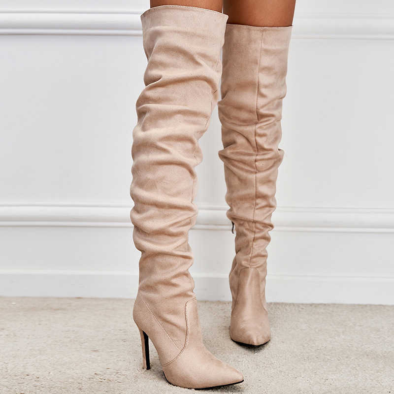 CMM Childrens Winter New Apricot High Heels Over the Knee Boots Pointed Suede Stacked Boots