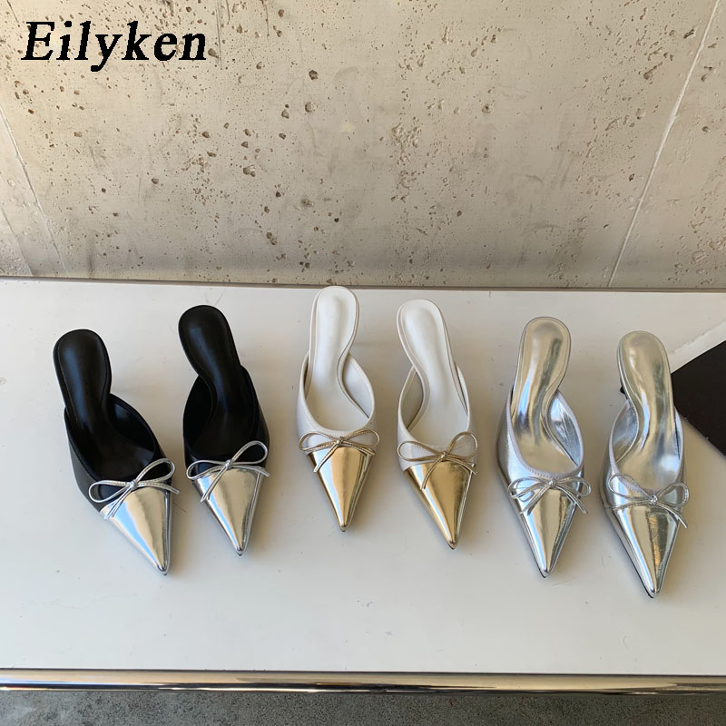 2024 Spring Eilyken New Pointed Toe Women Slipper Fashion Butterfly-knot Shallow New Slip On Ladies Mules Shoes Thin High Slides 6684