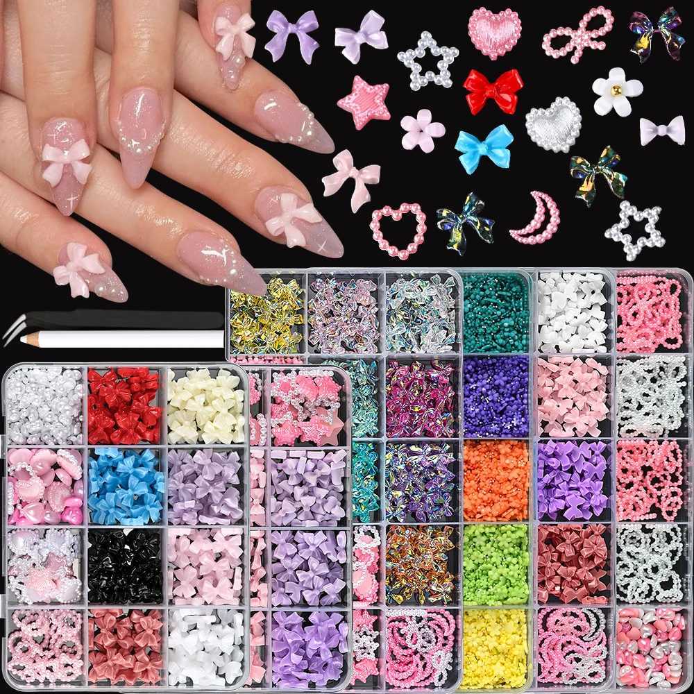 12 Grid/Box Mixed Bow Ribbon Nail Art Resin Charm Five Petal Flower Hollow Pearl Set Jewelry DIY Nail Art Accessories * #xw W240829