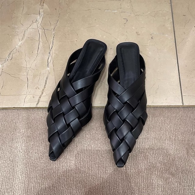 Women Fashion Pointed Toe Shallow Slip On Black Summer Slides Slippers Flats Heeled Mules Shoes ab8b pers c1c