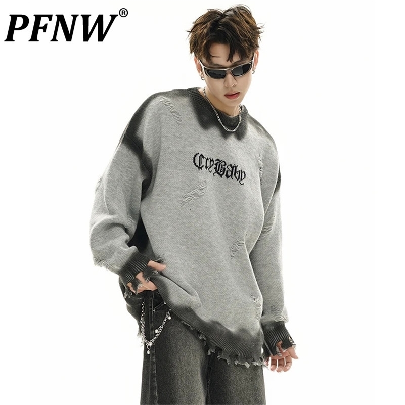 PFNW spray painted crochet hole sweater mens streetwear O-neck loose pull Knitwear autumn item 28W4111 240829