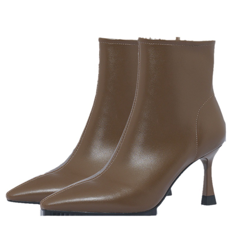 Women's brown high-heeled soft leather pointed French slim heel boots