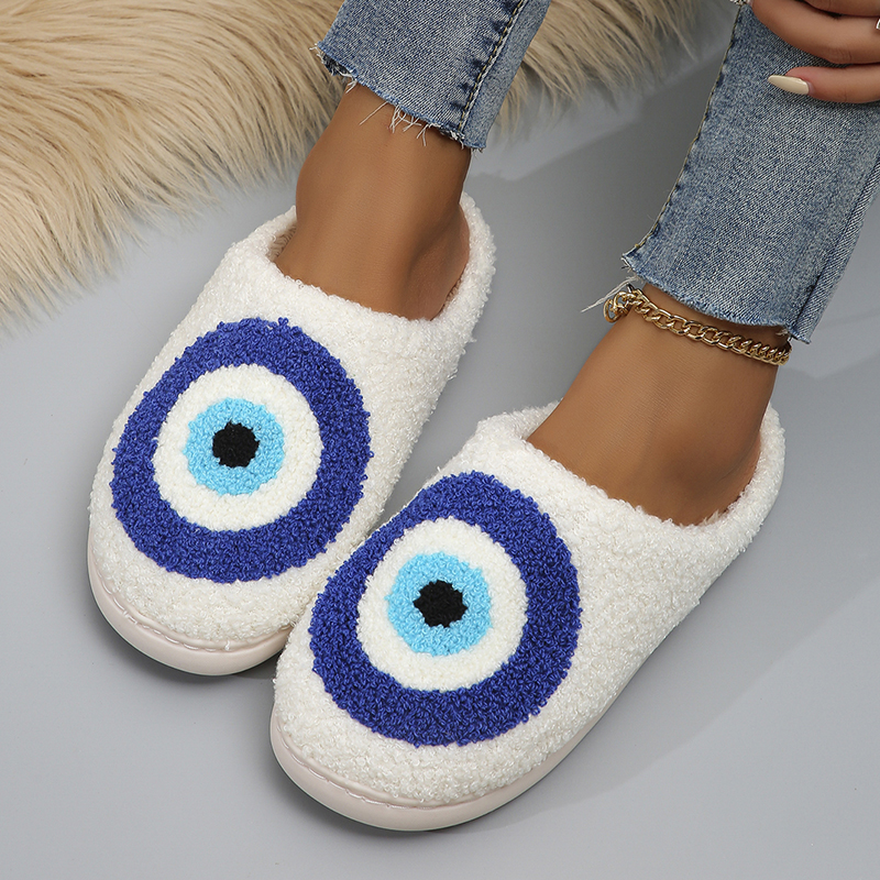 2023 New Blue Eye House Slippers Women Winter Soft Plush Warm Fluffy Slippers Woman Indoor Anti-Slip Home Cotton Shoes Couple