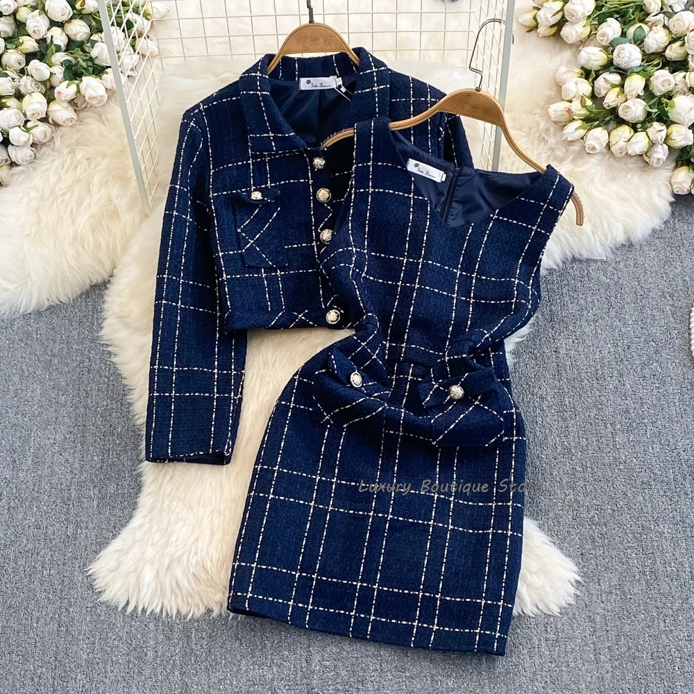 Metal Button Tweed Jacket And Tank Dress Of Short Coat Fashion Plaid Mini Dresses Autumn Winter Women Two Piece Set 240829
