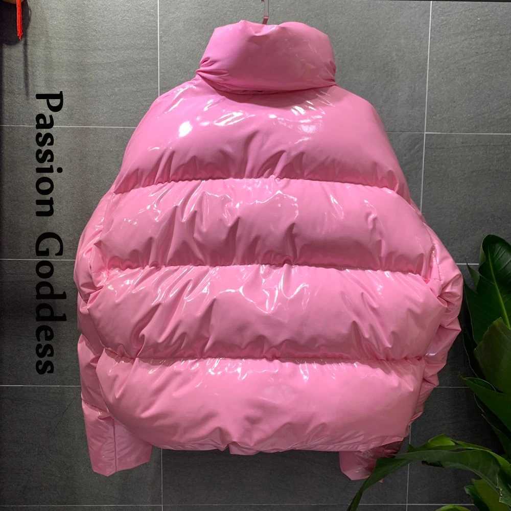 Women's Down Parkas Winter Women Bright PU Puffer Jacket Thick Bubble Coat Zipper Glossy Leather Down Parka Outerwear Stand Collar Loose Jacket Y