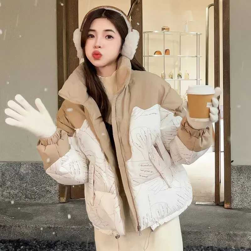Women's Down Parkas Womens Short Down Jacket with Stand-up Collar White Duck Down Thick Warm Color Collision Printed Coats Casual Winter Parka Y2