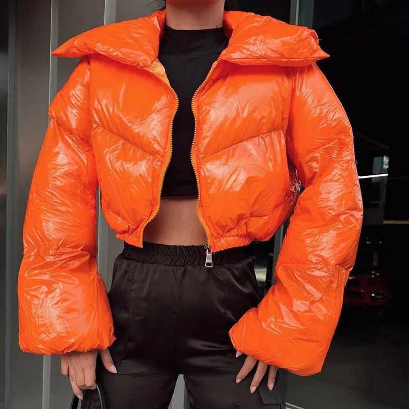 Women's Down Parkas Fashion Women Shinny PU Leather Short Puffer Jacket Thick Bubble Coats Outerwear Glossy Leather Parka Down Zipper Cropped Jac