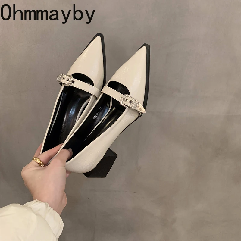 Pointed Spring Toe Women's Pumps Fashion New Elgant Square Heel Footwear Ladies Shallow Street Style Mary Jane Shoes 79ac