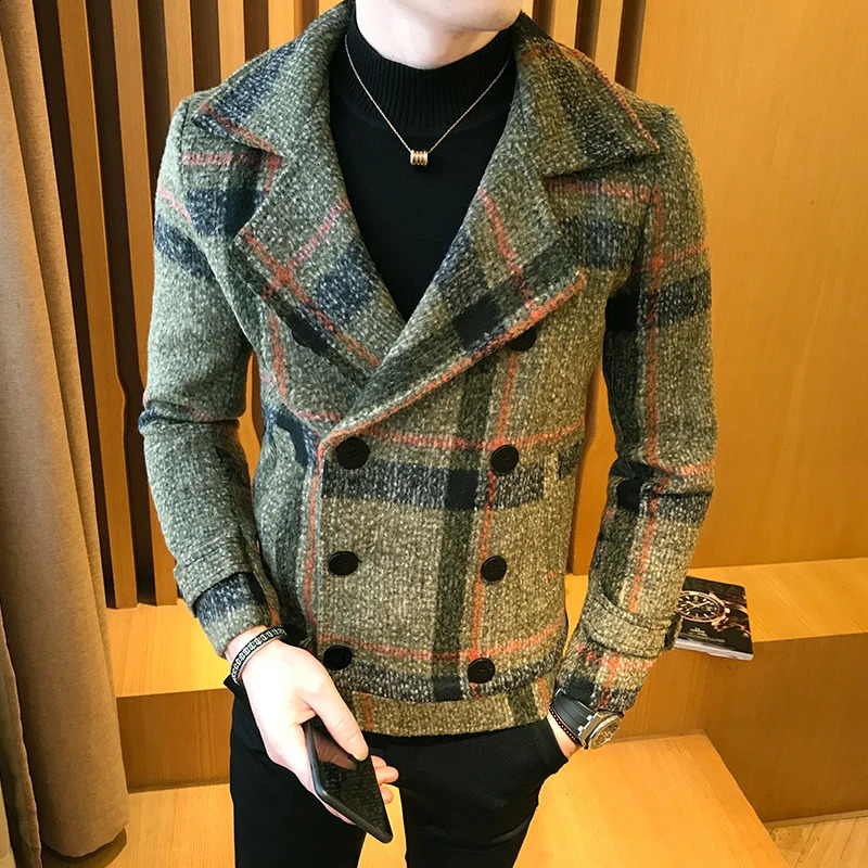 autumn and winter mens short slim fit wool coat with double chest n casual windproof machine fashionable retro trench coat 5XL-M 240829