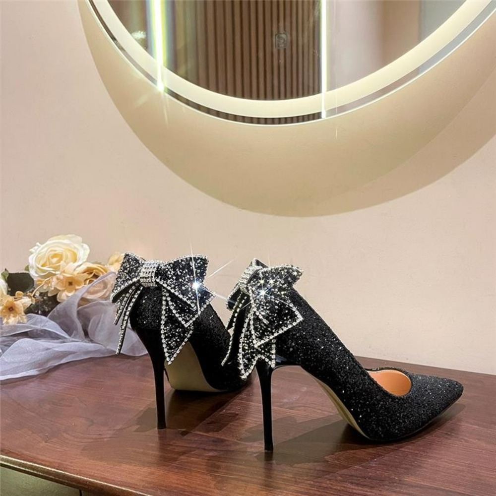 Bowknot Shiny Thin Pumps Women Slip-On Bg Crystal Party Woman Sexy New Pointed Toe Glitter High Heels Shoes 9edd