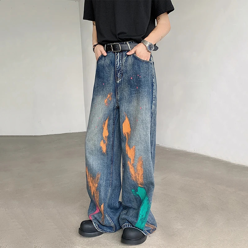 FEWQ Mens Denim Pants High Street Loose Brush Painting Contrast Color Straight Wide Leg Casual Male Jeans Autumn Trend 9C6994 240826Z