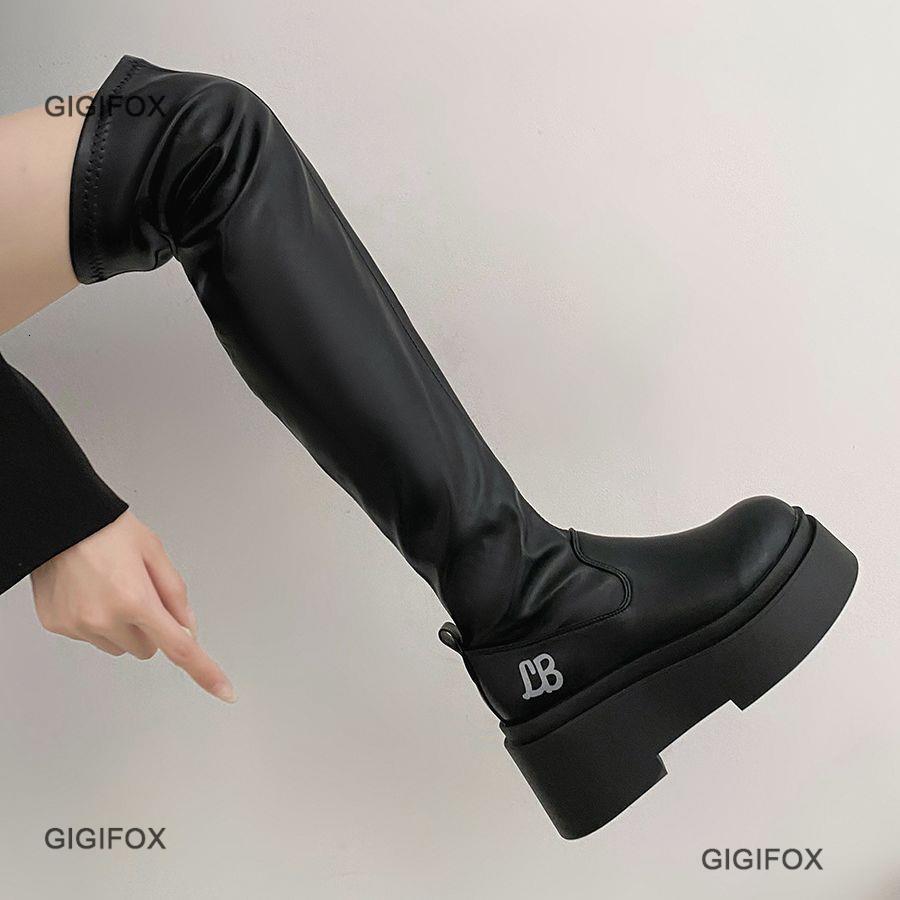 GIGIFOX Gothic Platform High Shoes For Women Halloween Combat Motorcycle Black Punk Chunky Long Design Boots